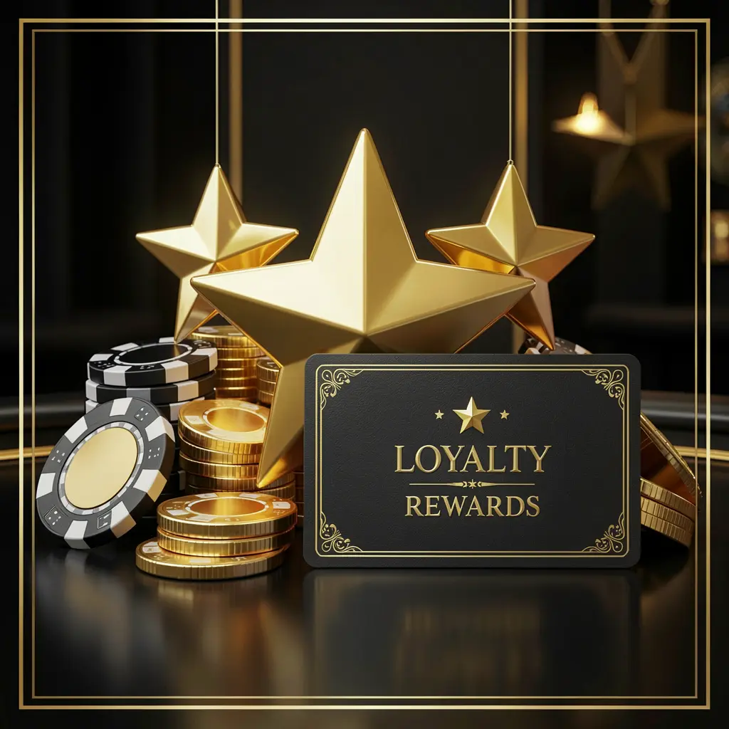 Gambar hadiah loyalitas kasino XD880 yang menampilkan bintang emas, chip poker, koin, dan kartu hadiah mewah pada latar belakang hitam dan emas yang elegan dalam render 3D realistis