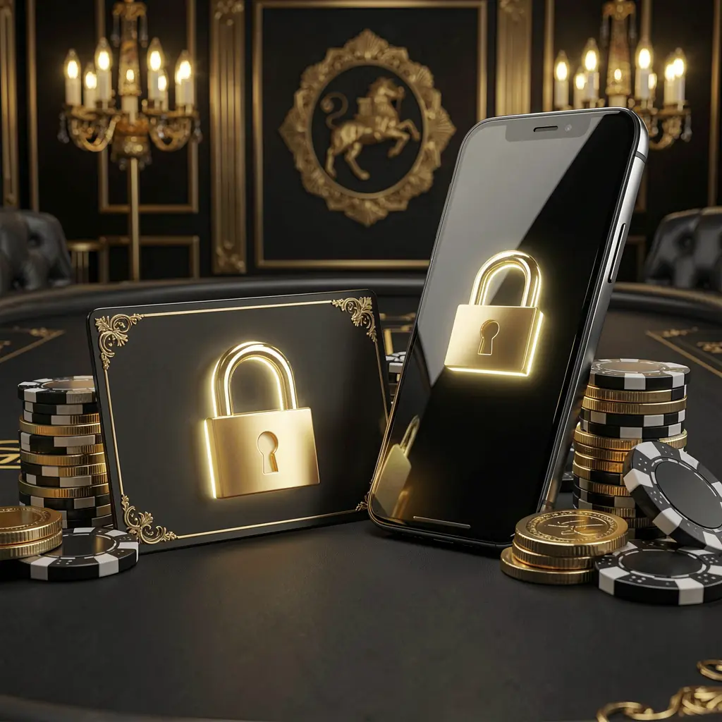 Konsep login anggota kasino XD880 yang menampilkan kartu keanggotaan premium di samping ponsel pintar dengan simbol kunci bercahaya, chip poker dan koin pada latar belakang mewah hitam dan emas dalam ilustrasi 3D realistis