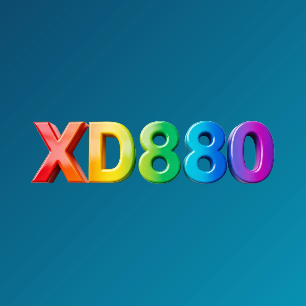 Logo 3D XD880 dengan font tebal berukuran besar dalam gradien pelangi warna-warni dan tekstur plastik mengilap, menampilkan bayangan dan sorotan kuat pada latar belakang transparan, dirancang sebagai tanda kata persegi panjang horizontal lebar untuk header situs web